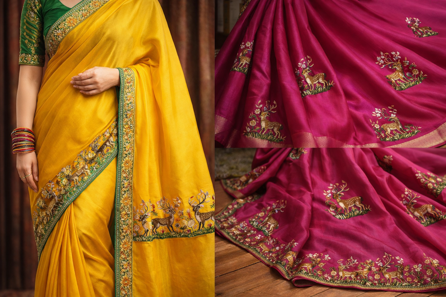 Boho Deer Floral Embroidery DTF Stickers – Premium Saree Border & Buti Heat Transfers
