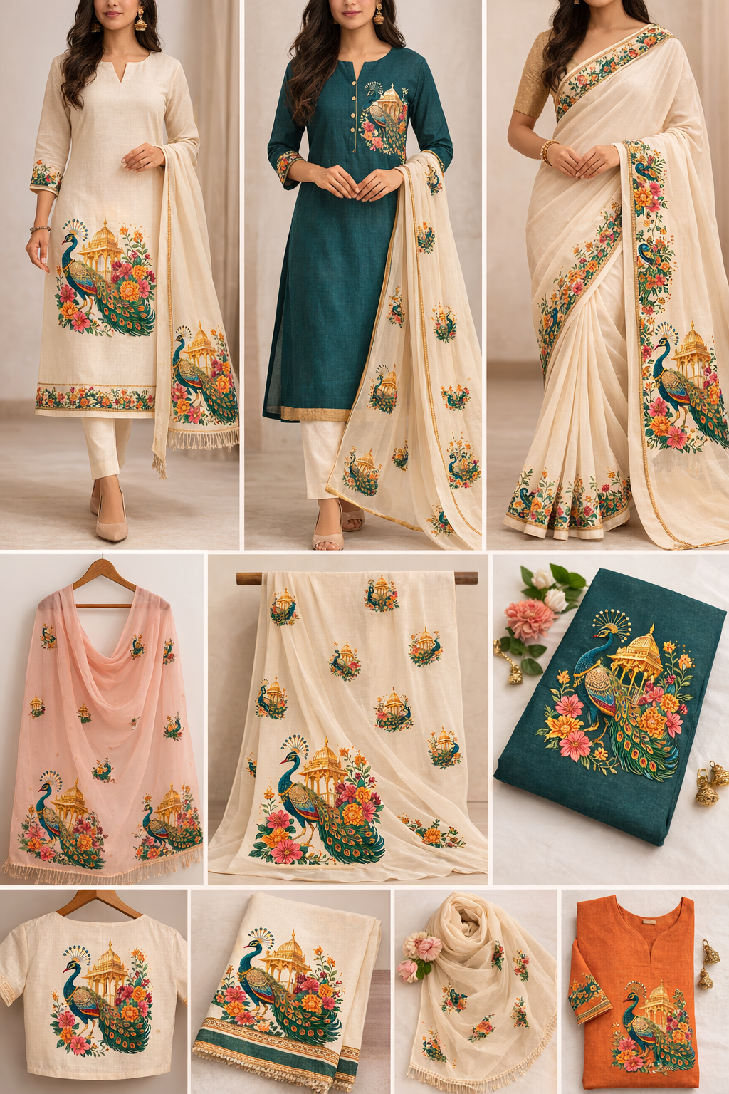 Royal Peacock & Floral Border Embroidery-Look DTF Sheet – 1 Meter (22.5" × 39") | 60–70 Wash Guarantee