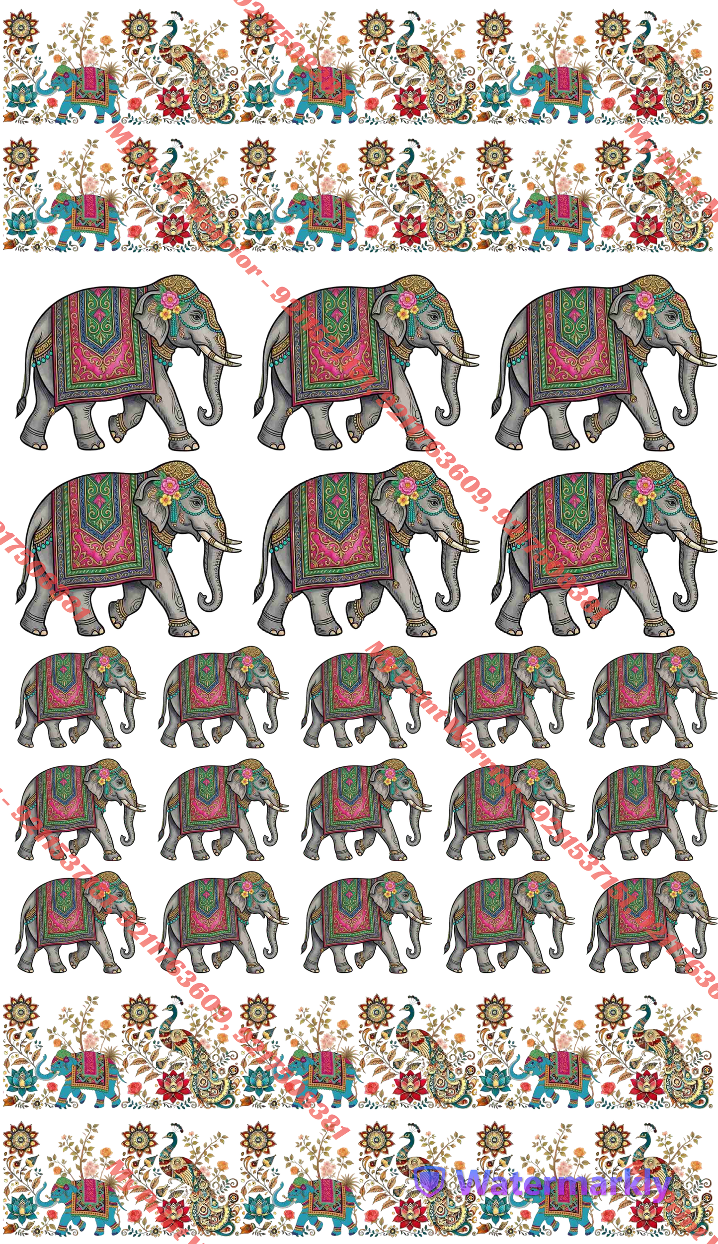 Premium DTF Textile Sticker for Dupatta, Saree & Suits – Elephant & Peacock Designer Border Transfer